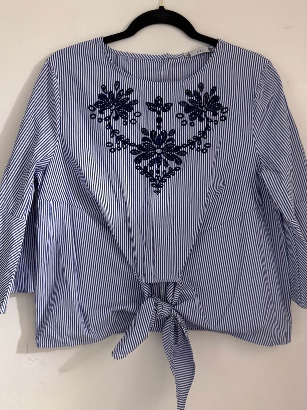 Blue Tie-Front Embroidered Blouse and Navy Pants Set - Picture 2 of 7